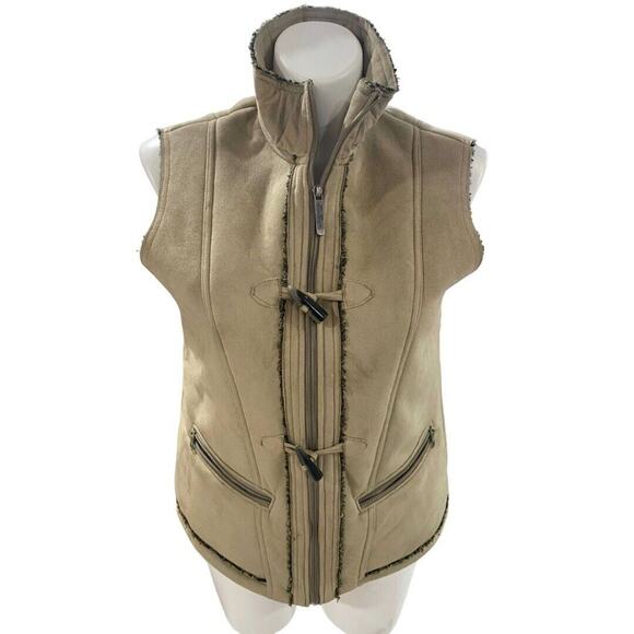 XL Woolrich MicroSuede Vest Khaki Sherpa Lined Full Zip Toggle Buttons - Picture 1 of 10